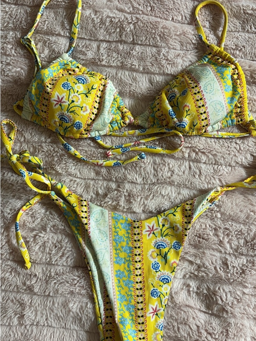 Yellow Floral Striped Bikini Set